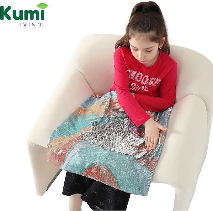 Weighted Lap Pad 5lbs with Sequin Fabric for Kids in Color Stripes | Sensory Blanket 18”x21” for Interactive Stimulation Fidget for Calming and Focus for Home, School and Travel in Green Orange