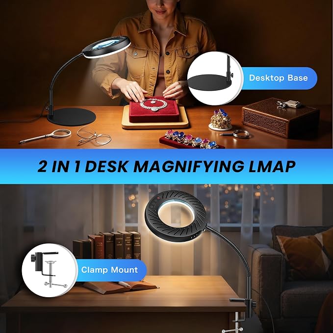 Akynite 12X Magnifying Glass with Light and Stand,5 Color 9 Levels Dimmable | Hands Free, Flexible Gooseneck, USB, with Adapter, Dual Base, 144 LED, Real Glass Magnifier Desk Lamp for Craft Close Work