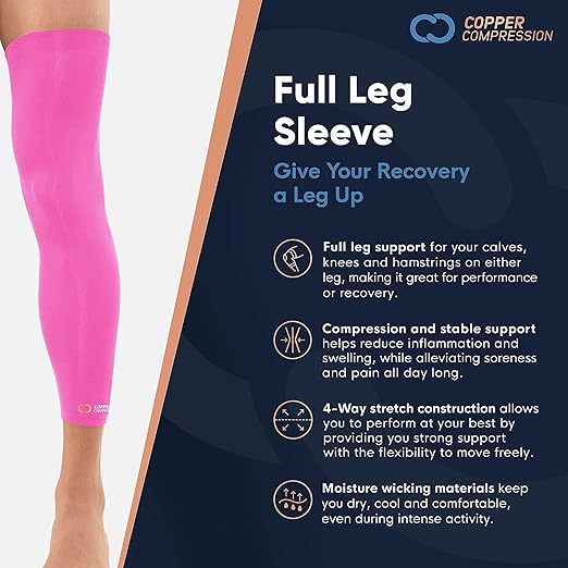 Copper Compression Leg Compression Sleeve - Copper Infused Knee Stabilizer Brace for Running, Meniscus Tear, ACL, MCL, Arthritis, Joint Pain Relief - Thigh & Calf Support for Men & Women - Pink - XL