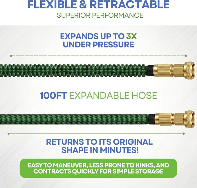 J&B XpandaHose 100ft Expandable Garden Hose, Lightweight, Brass Connectors | Ultra Strong 3750D fabric, 4-layer latex core, expands 3X, kink & leak-resistant, 10-pattern nozzle, storage bag