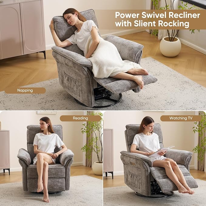 Power Nursery Recliner with Auto Rocking,Oversized Swivel Rocker Recliner with Massage and Heat,Glider Recliner Nursery Chair with Adjustable Headrest for Living Room and Bedroom,Dark Grey