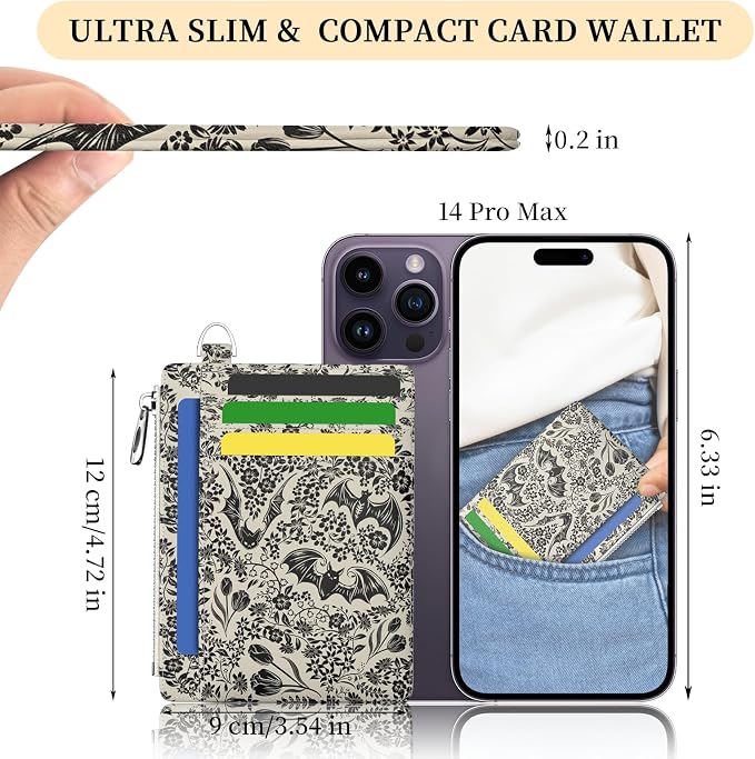 Hancynir Goth Bat Floral Slim Wallet Women Credit Card Holder RFID Small | Gothic Zipper Pocket, Thin Travel Coin Purse, Ladies Women Gifts, Card Case Wallet, 6 Card Slots, ID Window, PU Leather