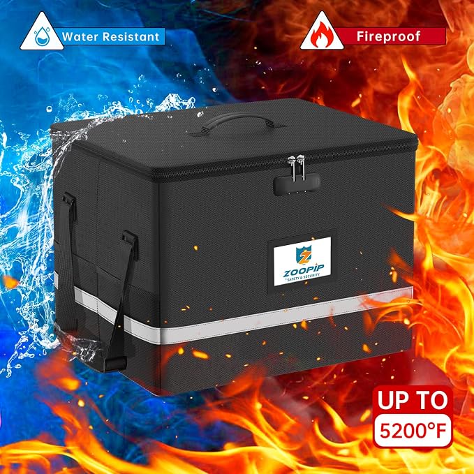 Fireproof File Box with Lock, 5200℉ Document Organizer, Black | Suitable for Letter Size Hanging Folders, Reflective Strip for Fast Find,Foldable Home Office Protection,16.6"x12.6"x10.2"