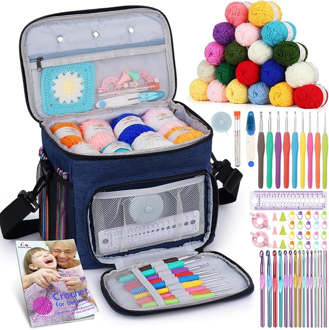 Aeelike Complete Beginner Kit 87PCS, Crochet Kit for Beginners Adults, Navy Portable Yarn Bag, 23 Crochet Hooks,Yarn 20 Colors Skeins, Instruction & Crocheting Accessories