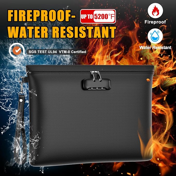 Fireproof Document Bag with Lock, ZOOPIP 14.6"x10.5" Fireproof and Waterproof Money Bag with Zipper Closure, Storage Pouch for A4 Letter Size Document, Cash, Cell Phone, Passport-Black