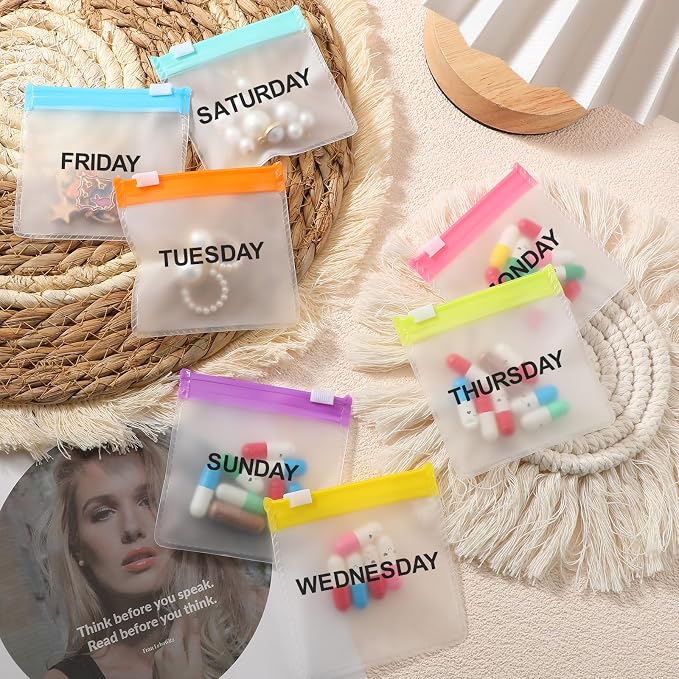 Sherr 35 Pcs Pill Pouch Bags with Zipper Pill Pouch Set Travel Reusable Translucent Medicine Organizer Self Sealing Plastic Bag with Slide Lock for Storage(Elegant Colors,3 x 3 Inch,Week Style)