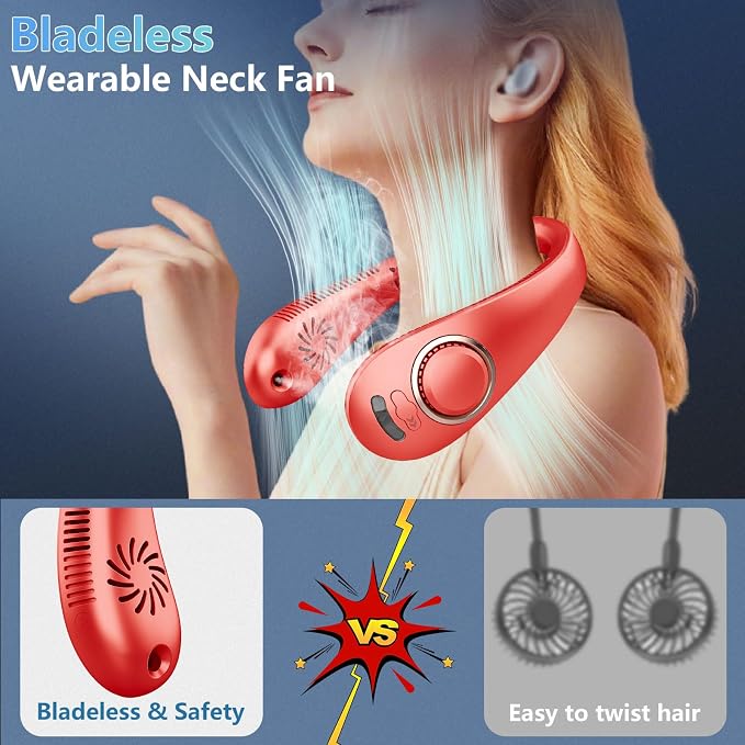 Neck Fans for Women Rechargeable-Foldaway Personal Fan with Water Mist,Wearable Hanging Fan Around Neck,Small USB Rechargeable Neck Cooler for Mother's Day Father's Day Adults Kids Birthday Gifts Red