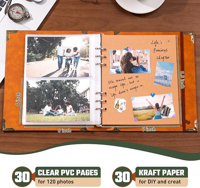 Vintage Photo Album 4x6 Leather Scrapbook Album with Writing Space 120 Photos & 30 Sheets DIY Paper Memory Albums Book for Anniversary Travel Vacation Family Tree, Green