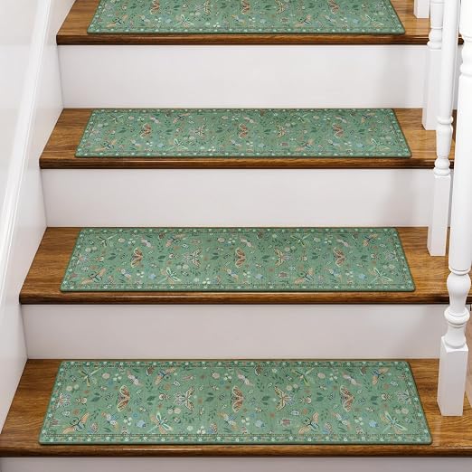 OJIA Insect Non-Slip Stair Treads for Wooden Steps 4PC 30"X8" Stair Runners | Indoor Anti-Slip Stair Rugs Safety Mats for Dogs, Kids & Elders, Rubber Backed Stair Treads Stair Covers, Green