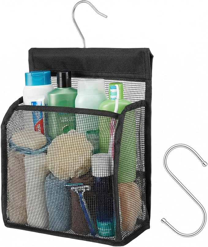 Mesh Shower Caddy Hanging, Black Organizer Bathroom Storage Bag with Hooks, Transparent Rotating Hanging Mesh Bath Baskets for College Dorm, Gym, Swimming, RV Travel, Elderly