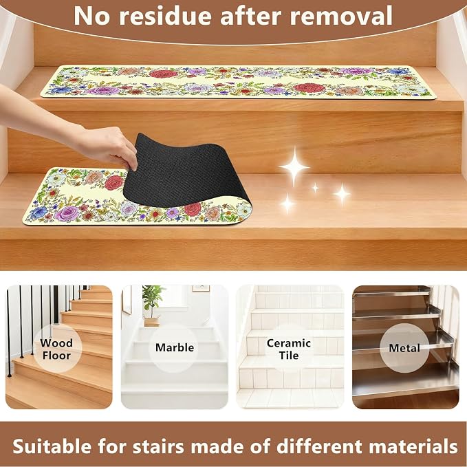 Butterfly Floral Stair Treads Non-Slip Stair Carpet for Wooden Steps 15PCS 8"X30" Stair Rugs Rubber Backing Treads Stair Mats Indoor Safety Staircase Step Treads for Elders Kids Dogs Beige