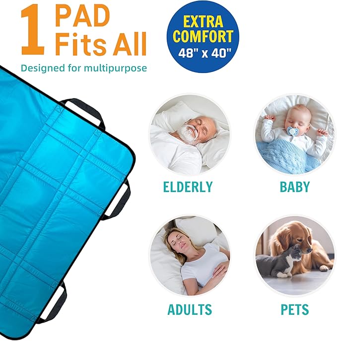 Upgraded 3-Layer Comfort Positioning Bed Pad with Handles Washable Waterproof Transfer Board for Turning Moving Patient Inconvenience Care Transfer Sheet, 48" x 40", Large, Aqua Teal