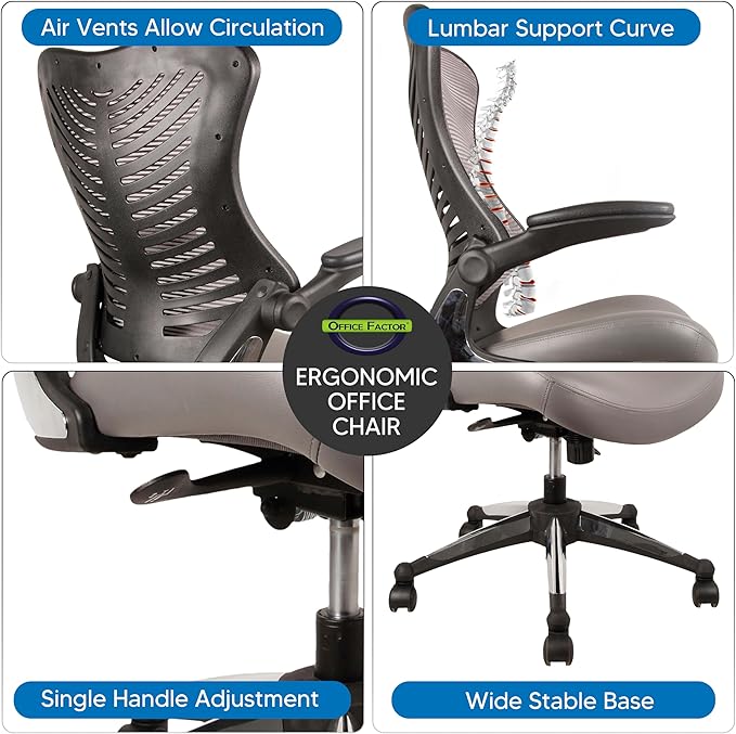 OfficeFactor Executive Ergonomic Computer Office Chair Back Mesh Bonded Leather Seat Flip-up Arms Lumbar Support Molded Foam Seat Adjustable Height Home Office Desk Chair (Grey)