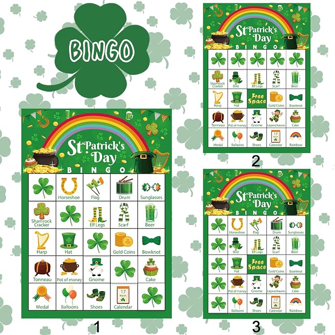 St Patrick's Day Bingo Games Cards, 24 Players St Patrick's Day Party Bingo Games Irish Shamrock Bingo Cards for Saint Patrick's Day Family School Classroom Activities
