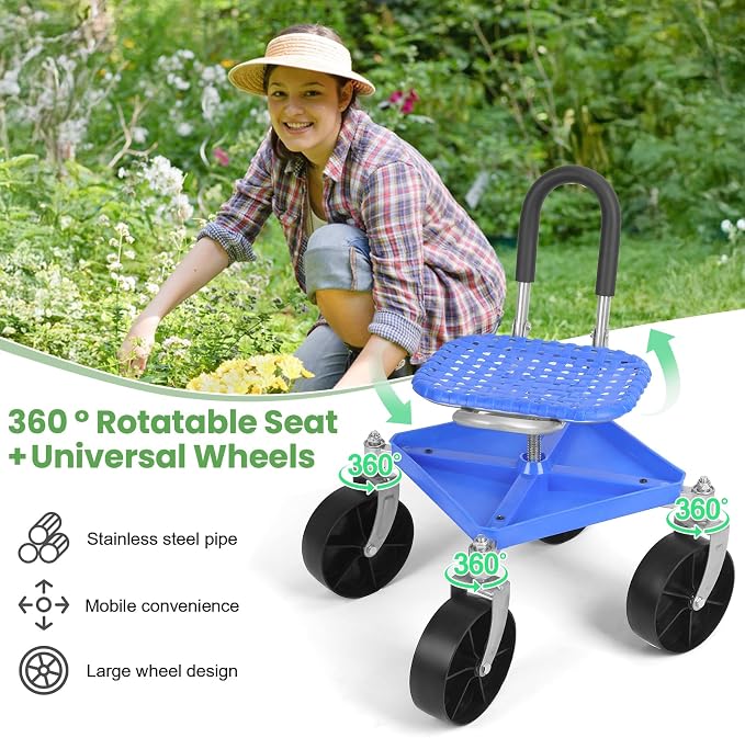 Rolling Garden Seat with Wheels, Adjustable Garden Scooter Stool with Backrest,Garden Cart with Tool Storage Tray & Backpack, Gardening Work Seat for Weeding, Planting, Yard Work (Without Backpack 1)