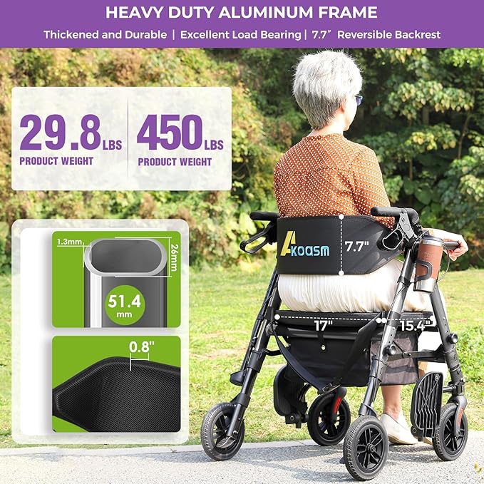 Heavy Duty Rollator Walker for Seniors with Seat, Foldable 2 in 1 Rolling Walkers Wheelchair Combo for Adult, All Terrain Wheels, Adjustable Transport Chair with Brake, 450 lb. Weight Capacity, Grey