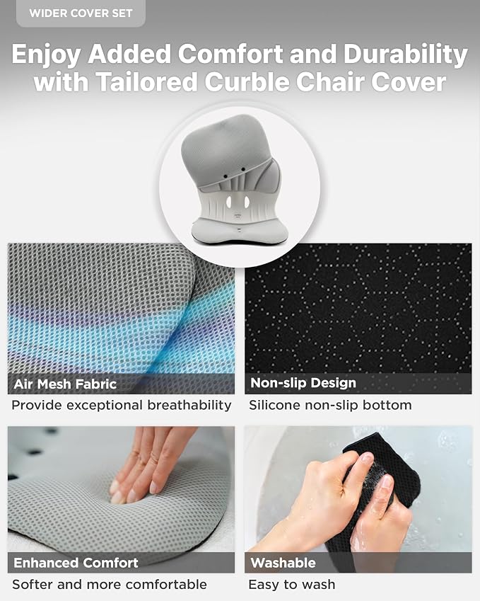 curble Wider – Ergonomic Desk Chair Seat Cushion, Everyday Passive Posture Trainer for Work from Home, Office & Car, Breathable Lumbar Support (Grey)