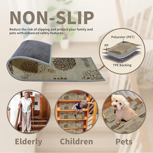 Non Slip Stair Treads for Wooden Steps, 4 Pack 8"x30" Washable Carpet | 8x30 in soft chenille polyester stair treads with reusable TPE backing for indoor wood stairs, dogs, kids, and seniors