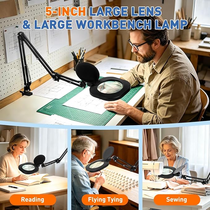 HITTI 2200 Lumens 12X Magnifying Glass with Light and Clamp, 5-Inch Glass | Real Lens, 5 Color Modes, Stepless Dimmable, LED Lighted Magnifier Stand for Workbench, Craft, Soldering, Reading, Painting