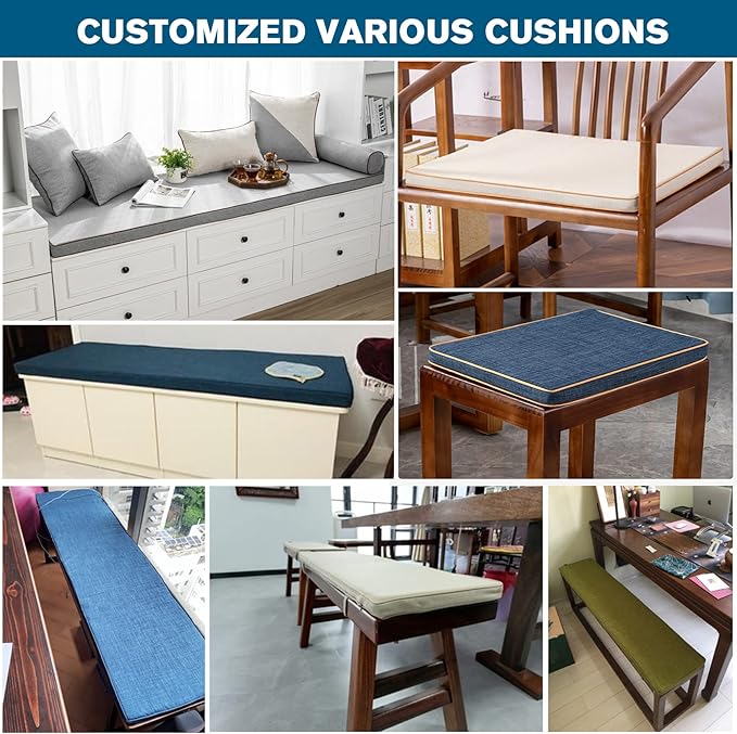 Cushion Custom Size for Bench, Customize Cushion for Indoor Outdoor Patio Furniture Window Seat, Linen Cover with Zipper and 45D High-Resilience Foam Insert (Custom Sizes, Beige Yellow)