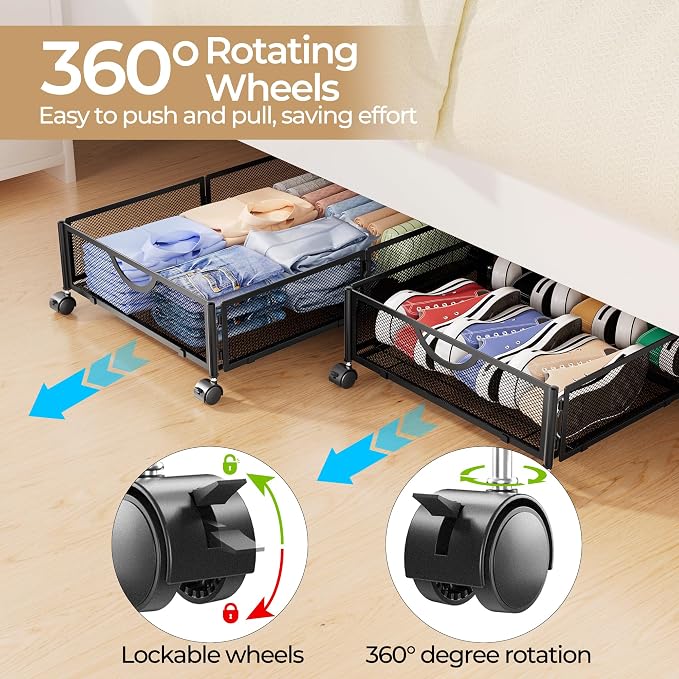 Yecaye Under Bed Storage with Wheels, 2 Pack Under Bed Shoe Storage Organizer Drawer, Tool-free Assembly Metal Underbed Storage Containers for Clothes, Shoes, Toys, Black