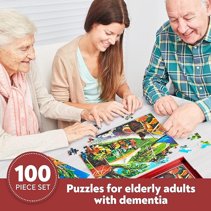 Assistex Dementia Jigsaw 100 Large Puzzle for Seniors - Alzheimer's Activity for Adults with Conversation Prompts - Best Memory Game for Patiens in Nursing Home - Build in Box Activities for Elderly