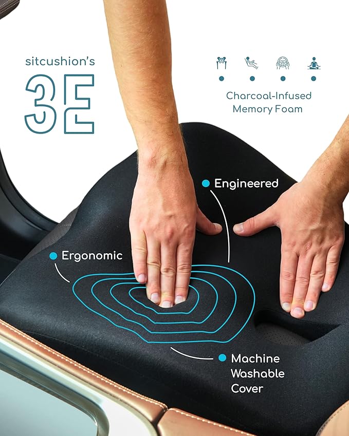 Car Seat Cushion for Long Driving, Extra Large Memory Foam Seat Cushion for Sciatica Pain Relief, Car Essentials Orthopedic Pillow for Back Support, Tailbone Pain Relief Cushion (Black)