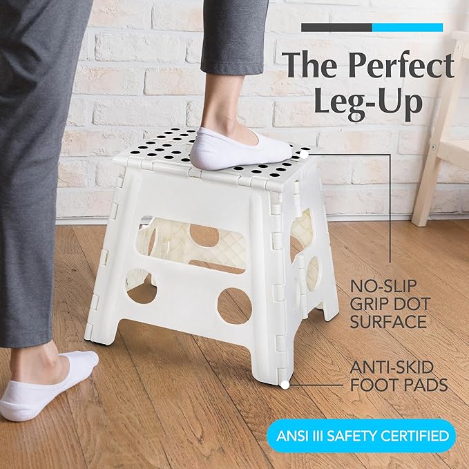 Handy Laundry Folding Lightweight Step Stool - Sturdy Enough to Support Adults - Opens Easy with One Flip - Great for Kitchen, Bathroom or Bedroom (White - 13 inch)