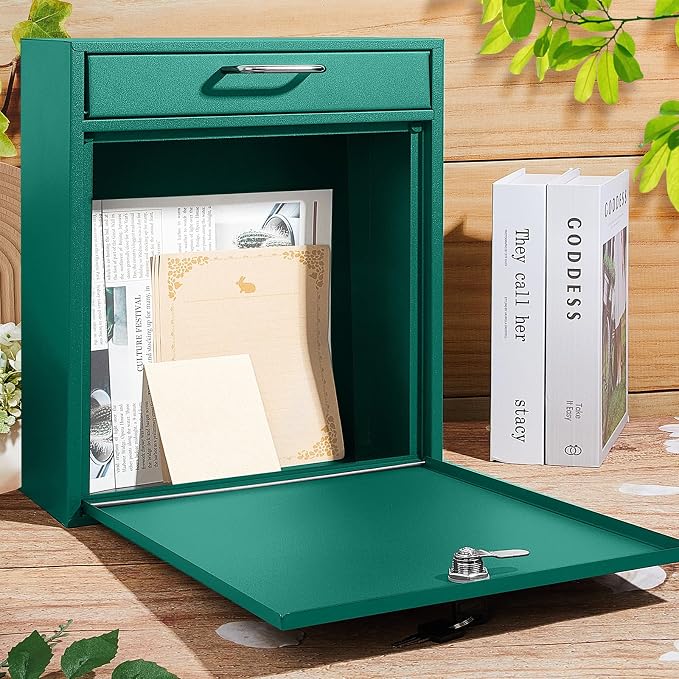 Yaocom Locking Mailbox with Key for Outdoor 12 x 10.5 x 4.7 Inches Large Wall Mount Mail Box with Lock Security Mail Drop Metal Collection Boxes Hanging Secure Postbox(Green)