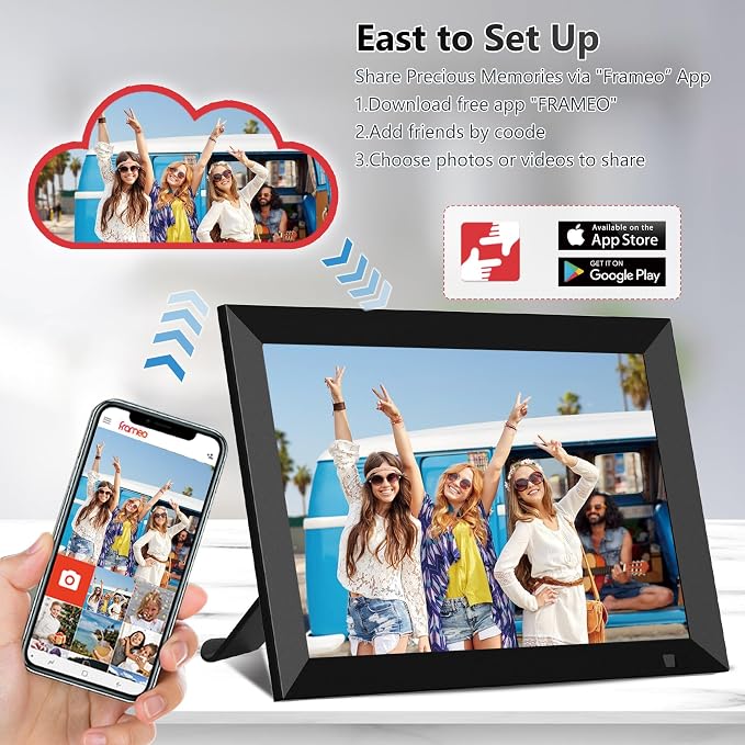 10.1 Inch WiFi Digital Photo Frame, 32GB Smart Digital Picture Frame with IPS Touch Screen, Motion Sensor, Auto-Rotate, Share Photos via Frameo App, Calendar, Ideal Gifts for Mom Grandparents