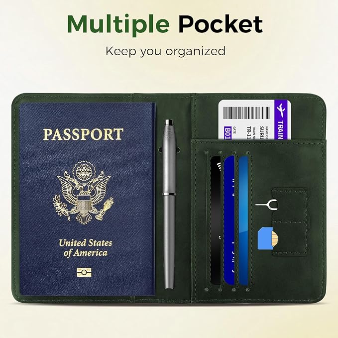 Passport Holder Travel Women Men, Passport Wallet with Airtag Slot, Green | RFID Blocking PU Leather Passport Holder Cover Case with Card Holder, Pen Slot
