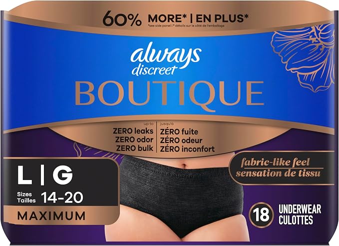 Always Discreet Boutique Incontinence and Postpartum Underwear for Women, Maximum Protection, Large, Black, 18 Count