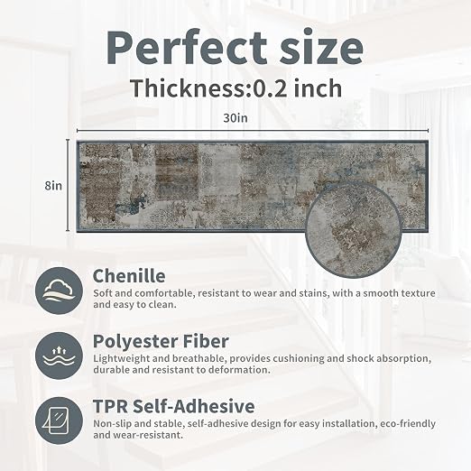 Non Slip Stair Treads for Wooden Steps, 4 Pack 8"x30" Washable Carpet | 8x30 in soft chenille polyester stair treads with reusable TPE backing for indoor wood stairs, dogs, kids, and seniors