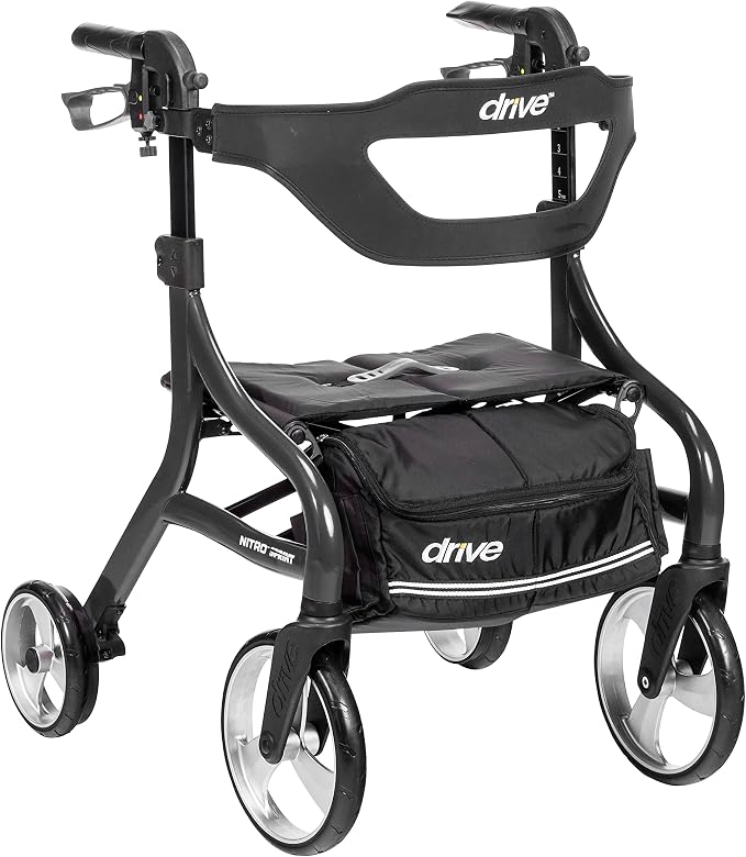 Drive Medical Nitro Sprint Rollator Walker with Seat, Petite Height, Black | Lightweight Rollator with Large Wheels Offers Short, Foldable Design for Seniors and Adults Every Day