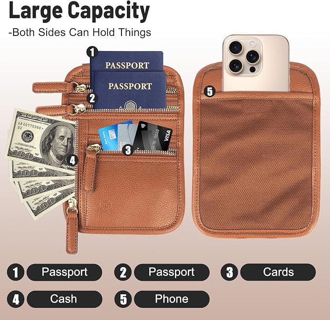 Neck Wallet for Traveling Women Men, RFID Blocking Leather Travel Pouch | Passport Holder, Family Travel Document Organizer Passport Wallets,International Travel Must Haves Travel Accessories