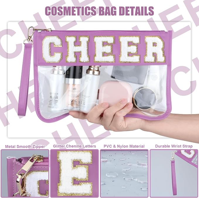 BuyCard Cheer Chenille Letter Bags Clear Makeup Bag, Cheerleader Gift Cosmetic Bag, Varsity Preppy Patch Flat Pouch Cheer Accessories, Waterproof PVC Organizer Toiletry Bag for Women Girls Purple