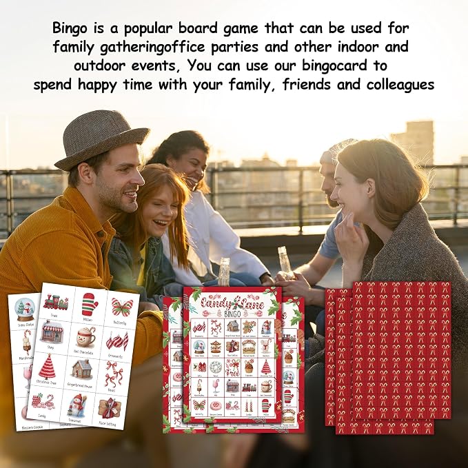 Christmas Party Bingo Game Cards, Candy Cane Bingo Set for Adults Large Group, Winter Holiday Fun Party Games, Xmas Activities Icebreaker Games, for Family Friends, 05
