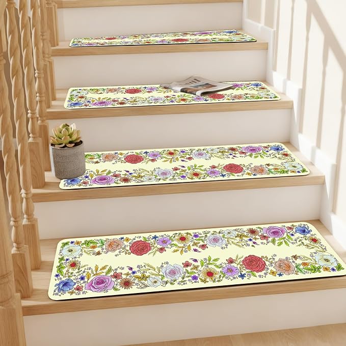 Butterfly Floral Stair Treads Non-Slip Stair Carpet for Wooden Steps 15PCS 8"X30" Stair Rugs Rubber Backing Treads Stair Mats Indoor Safety Staircase Step Treads for Elders Kids Dogs Beige