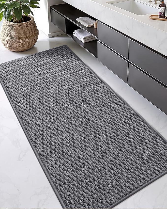 Color&Geometry Bathroom Rugs with Rubber Backing, Non Slip Machine Washable Bath Mat, Soft Absorbent Chenille Boho Carpet for Bathroom Floor, Tub and Shower,17"x47", Dark Grey