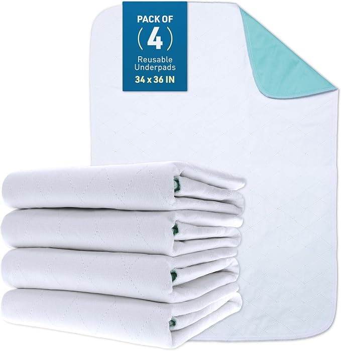 BodyMed Extra Heavy Absorbency Washable & Reusable Underpad, 34 x 36-inch, 4 Pack - Waterproof, Quick Drying, Nursing Incontinence Pad for Seniors, Adults, Pets - Bed, Wheelchair, Furniture Protection