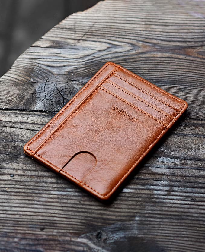 Buffway Slim Minimalist Front Pocket RFID Blocking Leather Wallets for Men and Women - Alaska Brown
