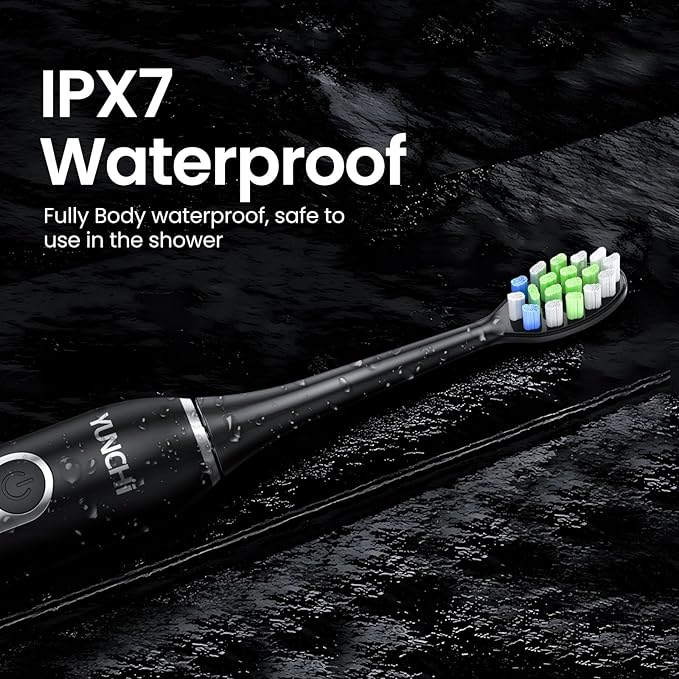 YUNCHI Electric Toothbrush Birthday/Valentine Plastic 8 Dupont Heads 24-Mo Deep Cleans Gentle Gums Removes Stains 3Hr USB-C 90d 2-Min Timer/30s IPX7 - Black