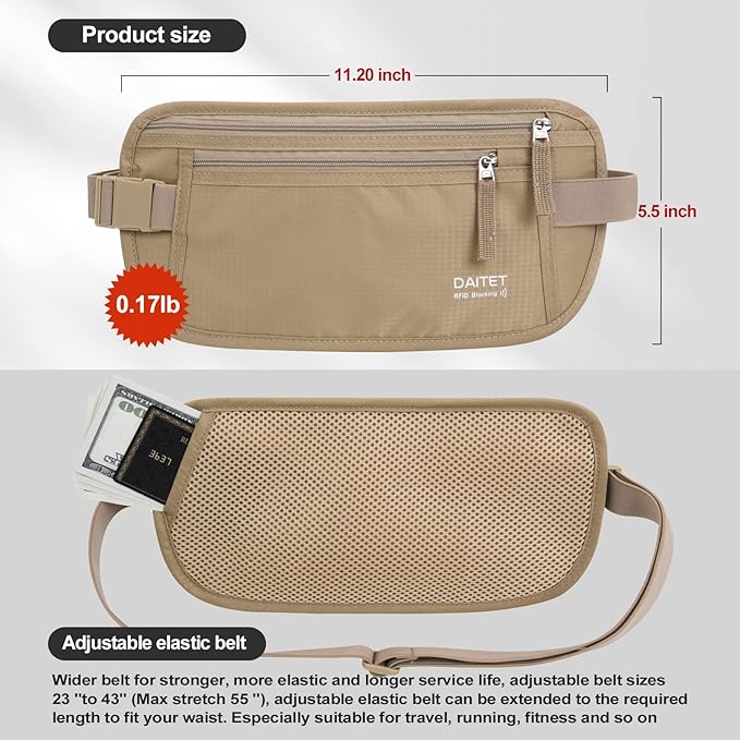 Money Belt - Passport Holder Secure Hidden Travel Wallet with RFID Blocking, Undercover Fanny Pack (Beige)
