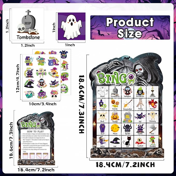 39 Pcs Halloween Party Bingo Game for Adults Kids 24 Players Tomb Shaped Bingo Game Card with Rewards Stickers for Families Friends Students Large Group Gathering Activities Boo Spooky Party Favors