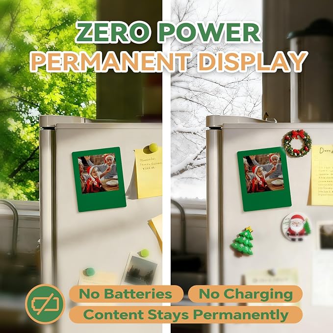 E-Paper Fridge Magnet Classic Plus, E-Ink Battery-Free Instant Photo Style Display, Wireless NFC Picture Frame, Phone-Controlled Acrylic Memo Board for Party/Travel/Home & Gifts, Compatible iPhone 13 and Newer (Green)