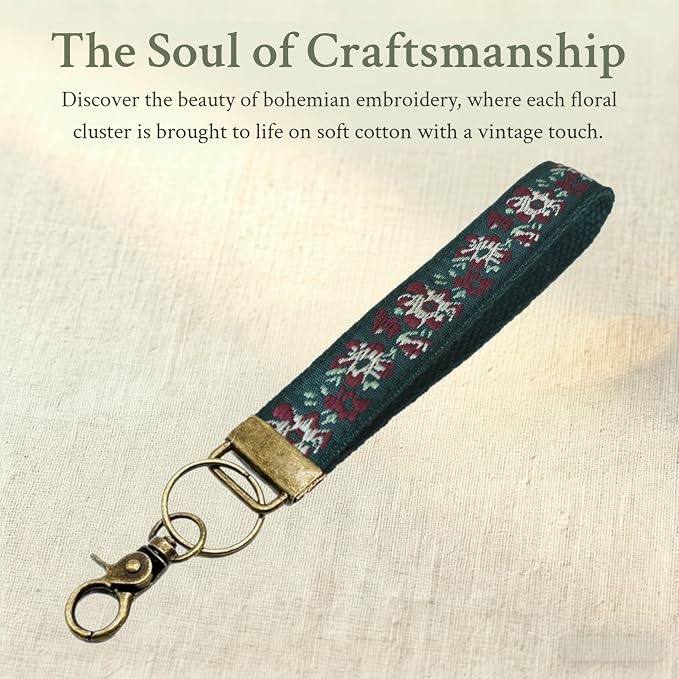 Boho Vintage Embroidered Floral plant Wristlet Keychain for Women | Cute Lanyard&Antique Brass Clasp, Lightweight Hands-Free Key Holder for keys,purses,handbags and daily outdoor use for ladies