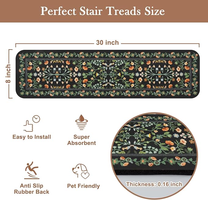 OJIA Floral Stair Treads Non-Slip Stair Runner for Wooden Steps Indoor 15PC | 30"x8" Carpet Stair Treads Stair Mats Staircase Step Treads for Kids, Elders and Dogs, Stair Covers, Black