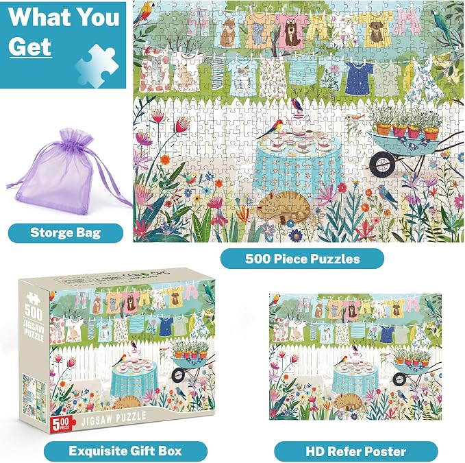 500 Piece Jigsaw Puzzle for Adults, Garden Laundry Day with Cats & Birds | Whimsical clotheslines, blooming flowers, cozy tea table, family game night, screen-free fun, wall decor and gifts