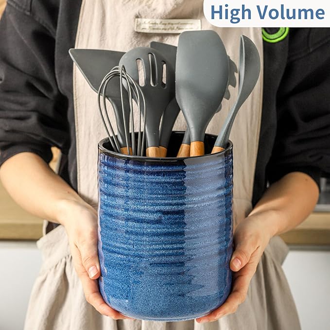 HASENSE Kitchen Utensil Holder, 7.4" x 6.2" Ceramic Utensil Holder for Countertop, Stable Cooking Utensil Organizer Crock for Spatula, Modern Kitchen Decor for Christmas, Blue