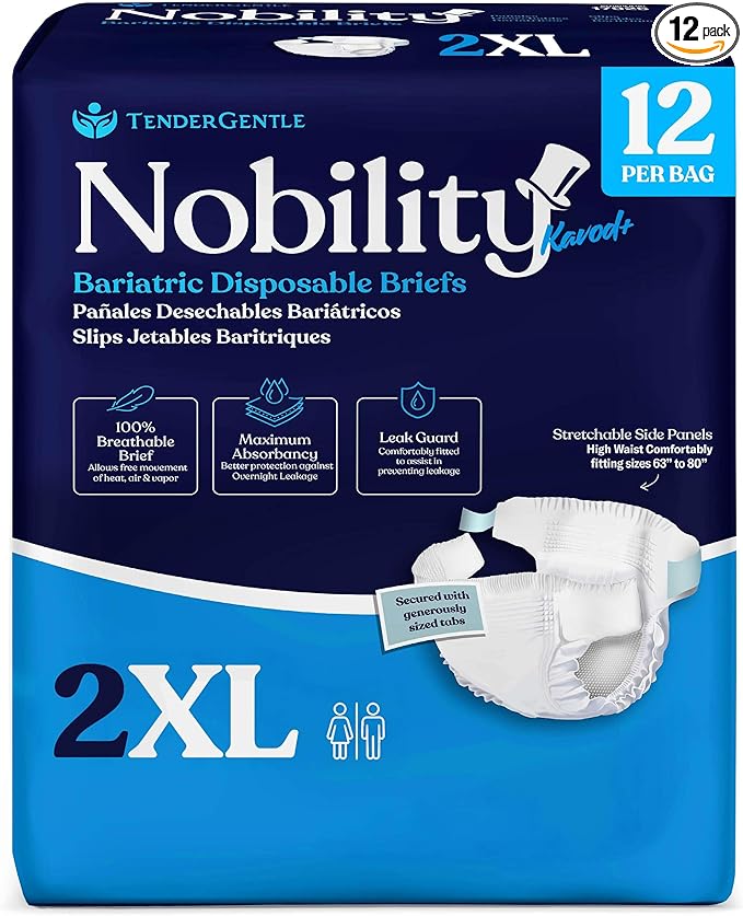 2XL Adult Diapers for Women and Men - 12 Bariatric Disposable Briefs with Tabs and Stretchable Side Panels - Breathable with Maximum Absorbency